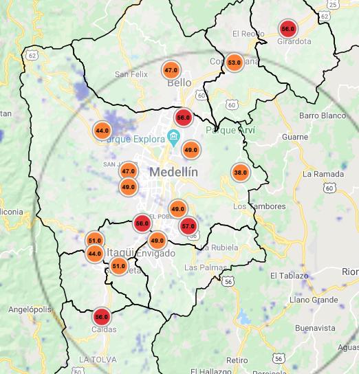 Cinco de 18 estaciones registran niveles de contaminación “dañina para la salud”. FOTO Captura de pantalla del Siata. 
