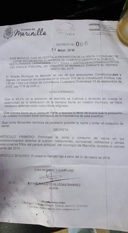 Alcalde de Marinilla desmiente decreto que prohíbe venta de carne en Semana Santa