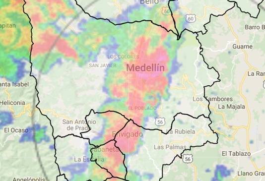 Uno de los momentos de mayor intensidad (3:40 p.m.) muestra que las lluvias se concentraron en zonas urbanas bajas. FOTO CORTESÍA SIATA