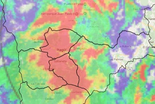 Núcleo de máxima intensidad en Itagüí, Sabaneta, barrio La Mota de Medellín y parte de La Estrella, Envigado y Caldas. Foto Cortesía Siata