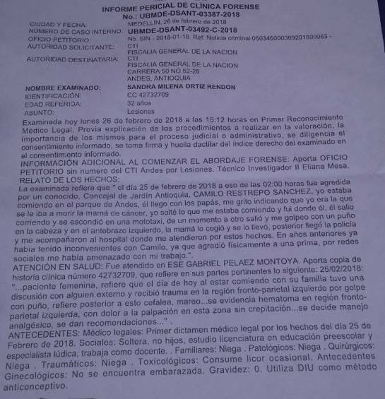 Informe Pericial de Clínica Forense en el que Sandra Milena Ortiz denuncia maltrato de un concejal del municipio de Jardín. FOTO CORTESÍA 