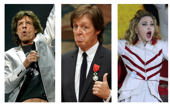 Mick Jagger, Paul McCartney y Madonna, referentes de la cultura pop que han pasado toda su vida subidos en el escenario. Fotos: Archivo EC, Colprensa, cortesía Casablanca Récords, Facebook Cher, Olavtenbroek. 
