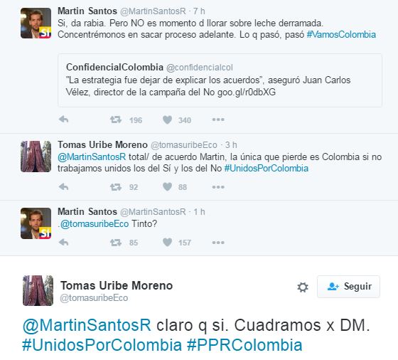 El cruce de trinos para tomarse un tinto se presentó ayer en la tarde entre Martín Santos y Tomás Uribe. FOTO tomada de la web