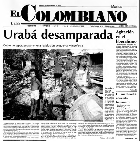 Portada de EL COLOMBIANO el 7 de mayo de 1996, condenando la matanza. FOTO: Archivo.