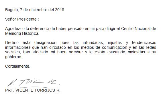 Torrijos renunció al Centro de Memoria Histórica