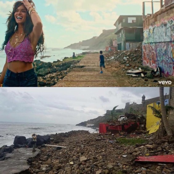 Esta fue la imagen que compartió Luis Fonsi, arriba en la grabación de Despacito, abajo como quedó esa calle tras el paso de los huracanes Irma y María. FOTO Instagram.com/LuisFonsi