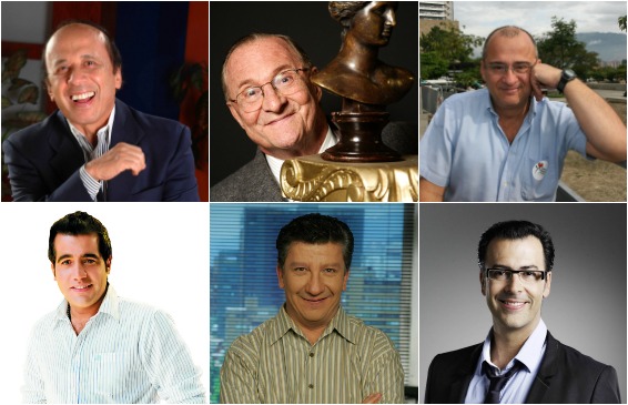 En la imagen los presentadores de Sábados Felices en 45 años de historia. Arriba de izquierda a derecha: Alfonso Lizarazo (1972 - 1988), Enrique Colavizza (1988), Jota Mario Valencia (1998 - 2002). Abajo de izquierda a derecha: Carlos Calero (2002 - 2003), Hernán Orjuela (2002 - 2011) y Humberto Rodríguez (2011 - actual)