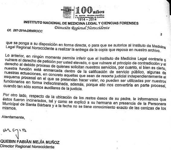 Así registró medicina legal la defunción del señor Gildardo (Facsímil 1).
