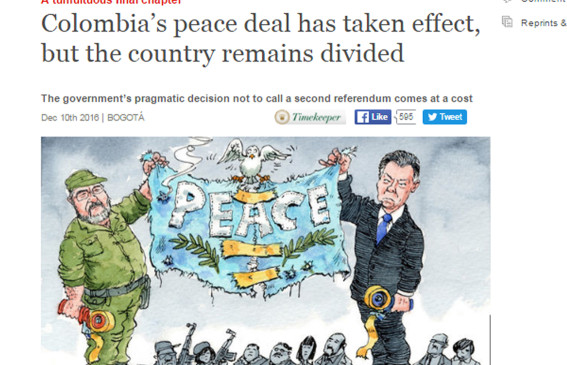 La publicación inglesa destacó que el acuerdo de paz en Colombia es un logro a nivel mundial. FOTO The economist 