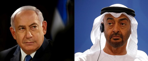 El primer ministro de Israel, Benjamín Neatanyahu (izq.), y el príncipe heredero de Emiratos Árabes Unidos, Mohammed ben Zayed Al-Nahyan, acordaron tener relaciones diplomáticas. FOTO afp