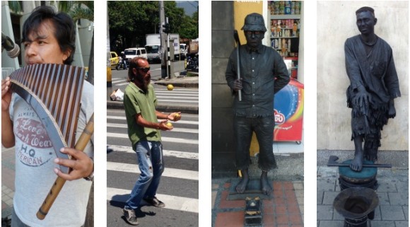 Músicos, estatuas humanas y malabaristas se ganan la vida en el centro de Medellín.