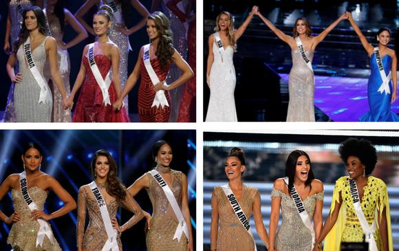 Arriba a la izquierda Paulina Vega quien luego fue coronada reina. A la derecha arriba, Ariadna Gutiérrez, virreina. Abajo a la izquierda, Andrea Tovar y abajo a la derecha Laura González, virreina. FOTOS Archivo AP, Reuters y AFP