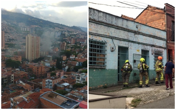 En la izquierda, imagen difundida sobre el incendio ocurrido en la calle 44 con carrera 90A. La otra foto pertenece al evento de la carrera 46 con calle 71. FOTOS CORTESÍA GUARDIANES ANTIOQUIA