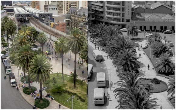 Plazoleta Nutibara en la actualidad, con la irrupción del metro por uno de sus costados. / Este era el aspecto que tenía la Plazoleta Nutibara en la década de los años 50. El lugar siempre fue un punto de referencia y de encuentro en el centro de Medellín. FOTOS JUAN ANTONIO SÁNCHEZ / REPORTER