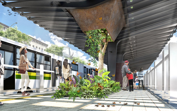Así quedará el corredor verde integrado a las estaciones del metroplús de la avenida Oriental. IMAGEN CORTESÍA ALCALDÍA DE MEDELLÍN