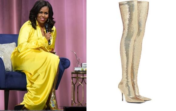 Michelle Obama apareció en Brooklyn, Nueva York, con un vestido amarillo que combinó a la perfección con las botas Balenciaga. FOTO AFP