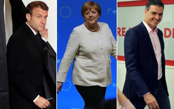 Emmanuel Macron, Angela Merkel y Pedro Sánchez. FOTOS Reuters, Afp y Efe