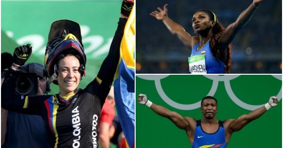 Mariana Pajón, Caterine Ibargüen y Óscar Figueroa, los tres atletas que consiguieron oro para Colombia en Río 2016. FOTOS Reuters y Colprensa