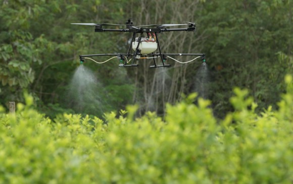 La iniciativa comenzó con dos drones, con capacidad para fumigar hasta tres hectáreas de cultivos ilícitos en un día, cada uno, según los estimados de la Gobernación de Antioquia. FOTO agencia efe