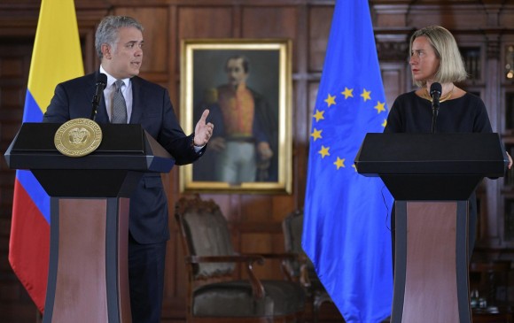 En la reunión entre el presidente Duque y Federica Mogherini, la alta funcionaria de la UE anunció recursos para facilitar el trabajo con los migrantes de Venezuela por 160 millones de euros. FOTO AFP