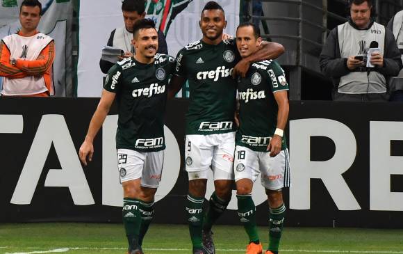 En el centro, Miguel Ángel Borja, el hombre de la jornada en la Libertadores. Foto. AFP