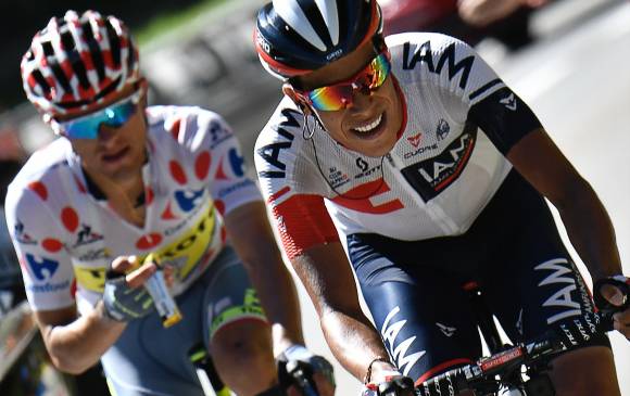 Jarlinson Pantano y el polaco Rafal Majka en una fuga durante la etapa 17 del Tour de Francia. FOTO AFP