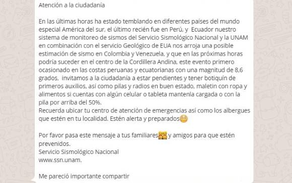 Este es el mensaje que circula por Whastapp.