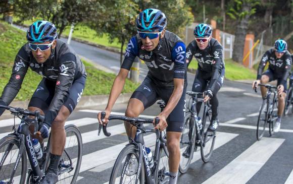 Entrenamiento del equipo de ciclismo Team Sky en el Oriente antioqueño. Iván Ramiro Sosa y Cris Froome. Foto: Juan Antonio Sánchez Ocampo. 