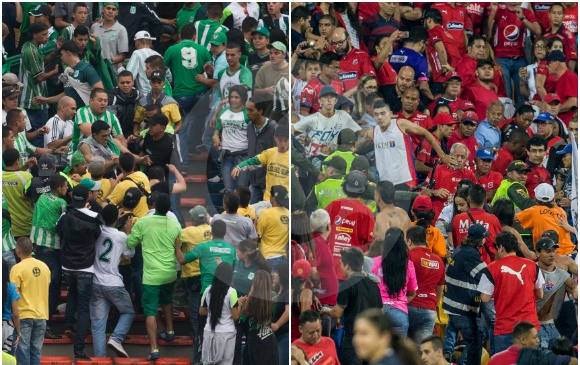 Pelea entre hinchas del Medellín en el partido DIM vs. Deportivo Cali. FOTOS JULIO CÉSAR ACOSTA Y JUAN ANTONIO SÁNCHEZ