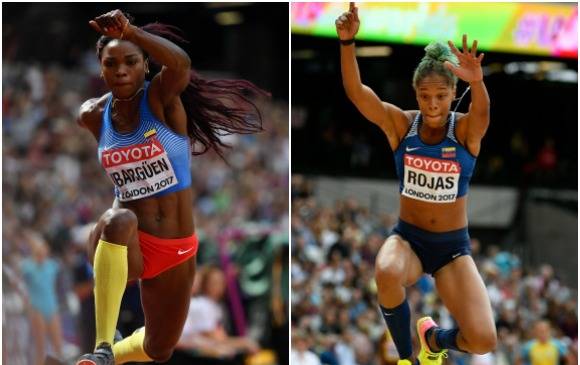La colombiana Caterine Ibargüen y la venezolana Yulimar Rojas en el Mundial de Atletismo. FOTOS AFP Y EFE