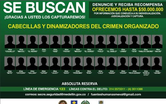 Cartel de los delincuentes más buscados en Medellín, difundido por la Alcaldía este 13 de octubre de 2020. IMAGEN SECRETARÍA DE SEGURIDAD Y CONVIVENCIA DE MEDELLÍN