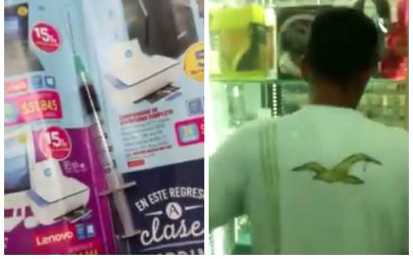 Esta es la jeringa con la que intentaron atracar un local de celulares en el Centro de Medellín y el supuesto ladrón. Foto tomada del video que fue compartido en redes sociales. 
