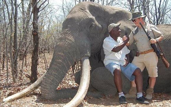 El cazador celebra su éxito junto a uno de los guías del parque Nacional Gonarezhou de Zimbabue. FOTO CORTESÍA