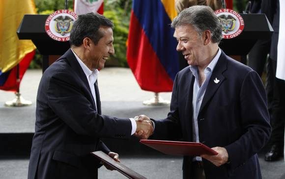 El presidente de Colombia Juan Manuel Santos recibió al de Perú, Ollanta Humala en el Jardín Botánico de Medellín. FOTO manuel saldarriaga