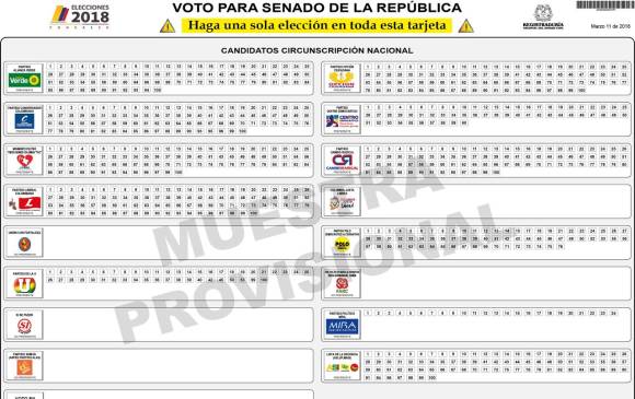 Este es el tarjetón para la elecciones de Senadores en el 2018. FOTO: Cortesía Registraduría Nacional