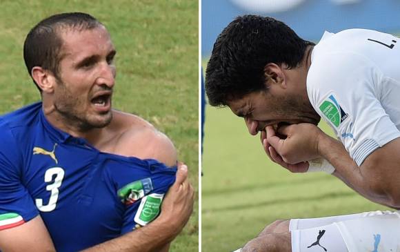 El 24 de junio se cumplirá un año desde que Luis Suárez mordió a Giorgio Chiellini. Foto: AFP