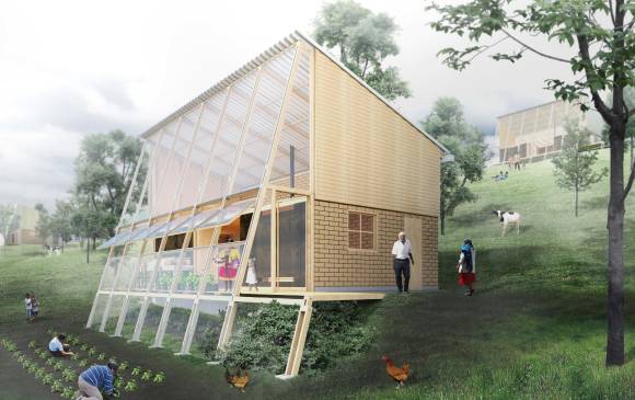 Este es el aspecto que tendría el prototipo de vivienda rural. Entre sus características destacan la reutilización de residuos orgánicos para compostaje y una cubierta de 60 m2 que recolectaría hasta 9.1 m3 de aguas de lluvia al mes. FOTO cortesía fp arquitectura