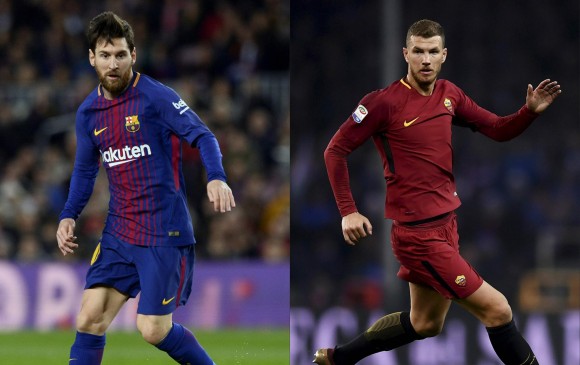 Lionel Messi (izquierda) y Edin Dzeko son los líderes del Barcelona y Roma, que se miden hoy en cuartos de Champions. FOTO AFP 