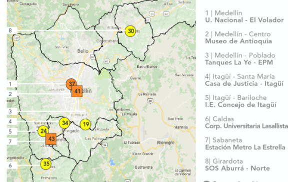 Solo una de las estaciones poblacionales -las que se toman en cuenta para declarar las alertas- estaba en naranja este lunes. FOTO SIATA