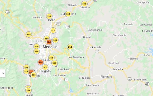 Así estaban los sensores que miden la calidad del aire del Aburrá a las 5:00 p.m. de este domingo. FOTO SIATA
