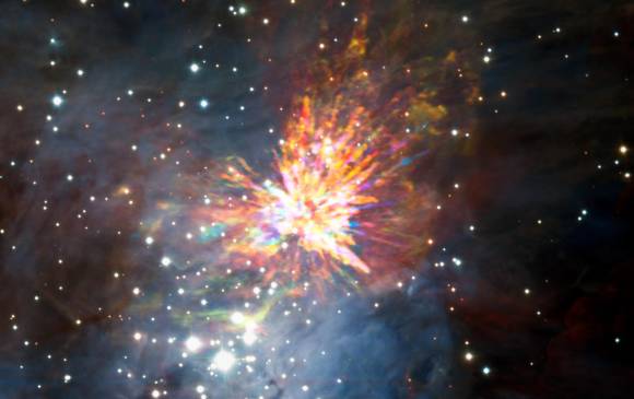 ALMA captó espectaculares fuegos artificiales cósmicos. FOTO CORTESÍA ALMA (ESO/NAOJ/NRAO), J. Bally/H. Drass et al.