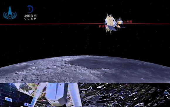 Ilustración (arriba) y una foto (abajo) de la sonda china Chang’e-5 acoplando con la combinación orbitador-retornador. FOTO EFE / EPA