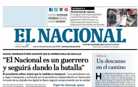 Esta es la portada de El Nacional para la edición del viernes 14 de diciembre. FOTO CORTESÍA