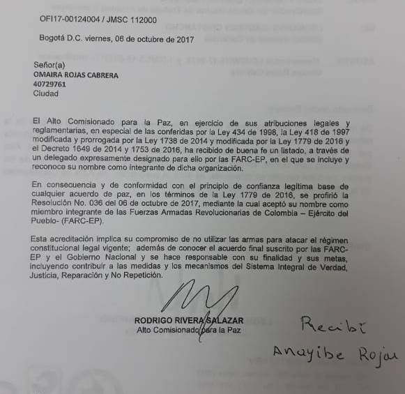 Acta de aceptación de Sonia por el Gobierno nacional.