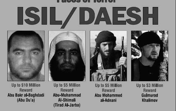 El cartel de los más buscados de Isil o Daesh (como se les llama en Medio Oriente). Su máximo líder es Abu Bakr al Baghdadi. La semana pasada murió en una operación militar Abu Mohammed al Adnani, encargado de la estrategia mediática del grupo. FOTO cortesía departamento de justicia 