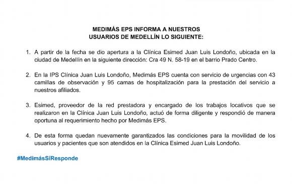 Este fue el comunicado emitido por la entidad de salud. 