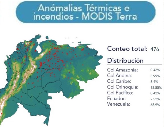 El sensor Modis del satélite Terra (Nasa) detecta múltiples incendios activos en Colombia, Venezuela y Ecuador. FOTO: cortesía del Amva.