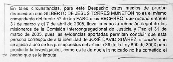 Este es el documento radicado por la Fiscalía en el que se señala que Gilberto Torres Muñetón no es el comandante del frente 57 de las Farc. 