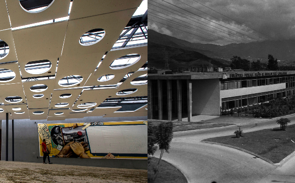 La imagen izquierda es el aspecto de la biblioteca luego de su renovación que concluyó este año. A la derecha, el aspecto de la Piloto en el año 1963, aún en obra negra. FOTO JULIO CÉSAR HERRERA Y CORTESÍA ARCHIVO BIBLIOTECA PÚBLICA PILOTO / GABRIEL CARVAJAL