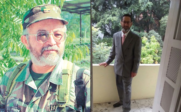A la izquierda, “Raúl Reyes”, comandante de las Farc antes de su muerte en el 2008 en un operativo del Ejército, a la derecha, Alcides Montoya, supuesto hijo del insurgente. FOTO colprensa y cortesía